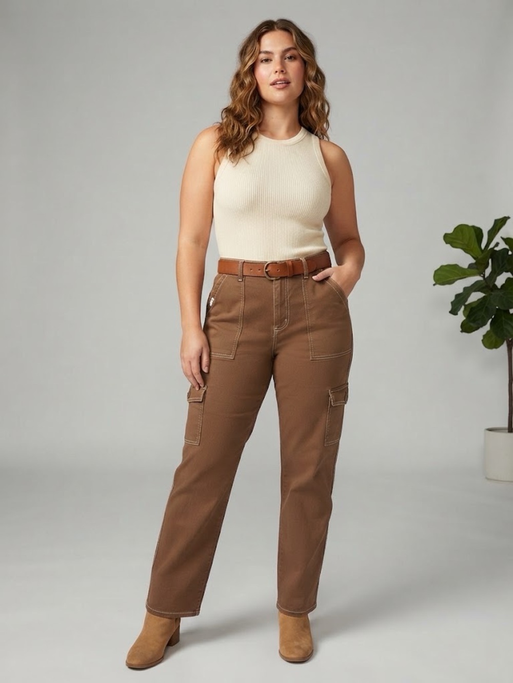 Five Star Wrangler High-Rise Cargo Jeans in Brown - Women's Utility Jeans